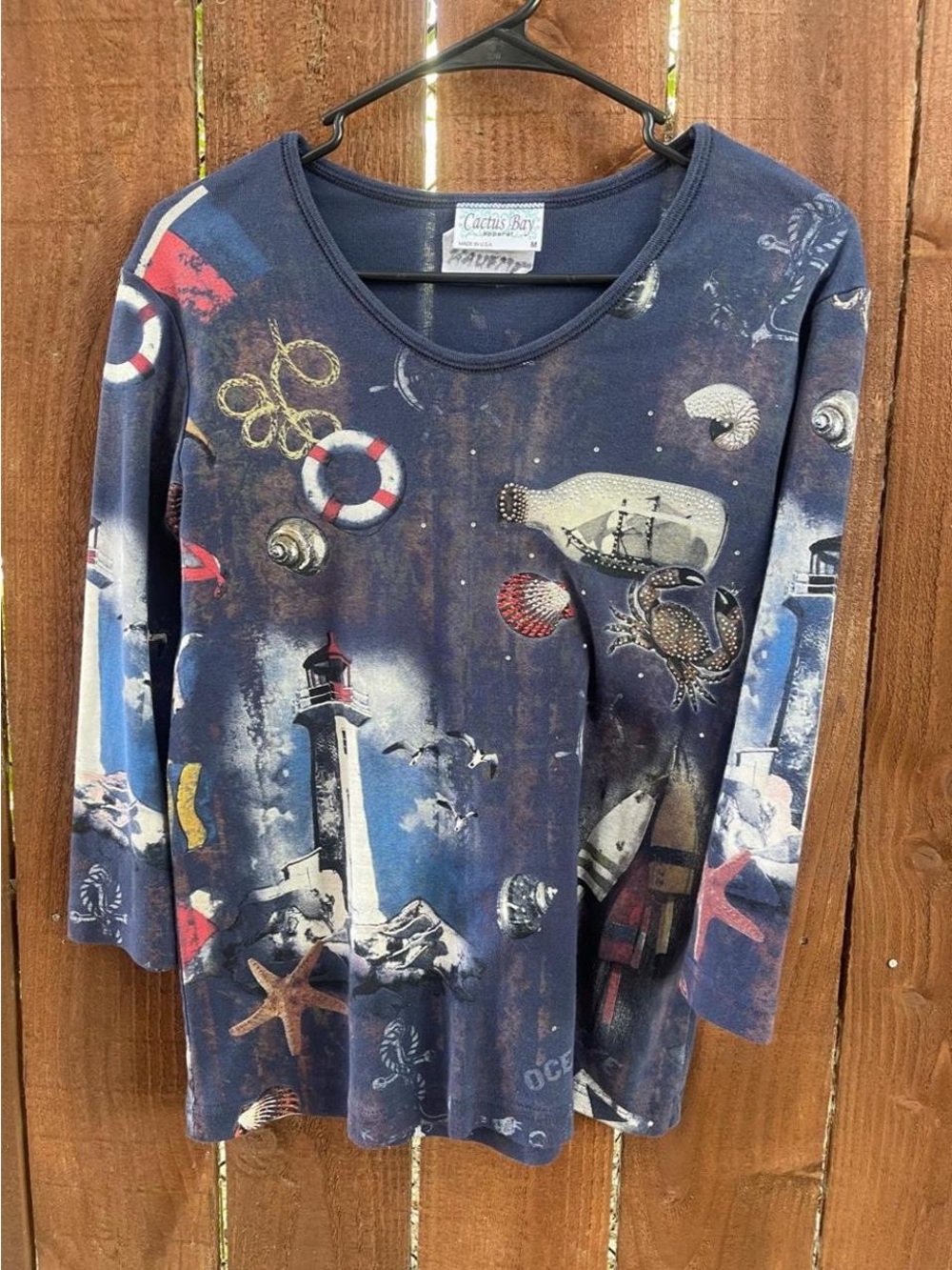 VTG Cactus Bay Navy Nautical-Theme Lighthouse Sequin 3/4 Sleeve Shirt Sz M Y2k